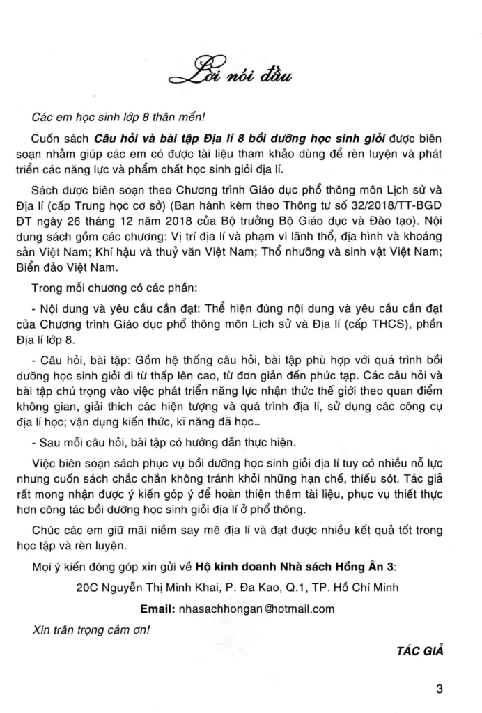 CÂU HỎI VÀ BÀI TẬP BỒI DƯỠNG HỌC SINH GIỎI ĐỊA LÍ LỚP 8 (Biên soạn theo chương trình GDPT mới)